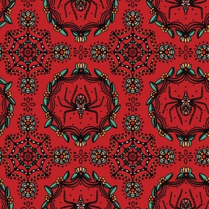 Gothic Folk Spider |  Red Fiesta - red black turquoise green pink, folk art, stencil, creepy, bold, moody, Whimsigothic, doily, jeweled, crochet, haunted mansion, cottage, arachnid, spider wallpaper, black widow