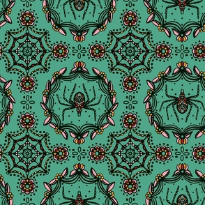 Gothic Folk Spider | Turquoise Fiesta - turquoise green black red pink, folk art, stencil, creepy, bold, moody, Whimsigothic, doily, jeweled, crochet, haunted mansion, cottage, arachnid, spider wallpaper, black widow