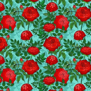 Red Roses on Teal 