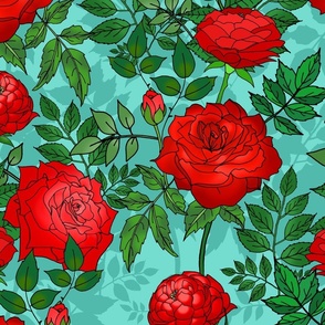 Red Roses on Teal (large scale) 