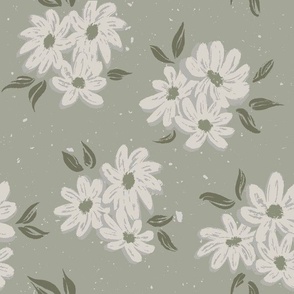 Nature Inspired Botanical Flower Bunches with Cream Green Floral Blossoms on Muted Green Gray Textured Background