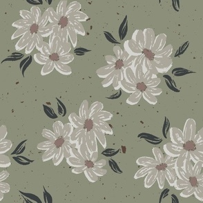 Blooming Abundance - Cream Gray Greige Dark Green Colour Floral Bunches on Muted Green Background