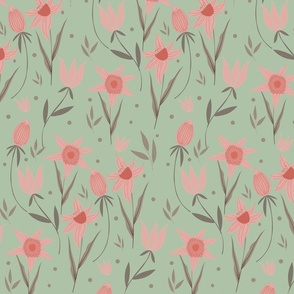 Fields of Daffodils | Pink & Green | Florals | Medium Scale