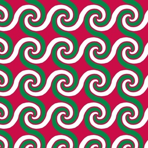 christmas swirls green and white on red