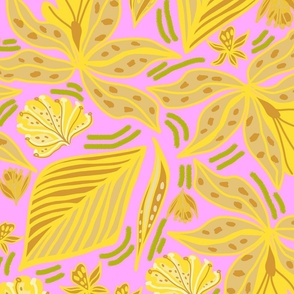 CT2491 Tropical Palms and Flowers in Yellow on Pink Large Scale