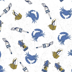 Large Scale Crabs and Buoys Pattern Blue, White and Gold