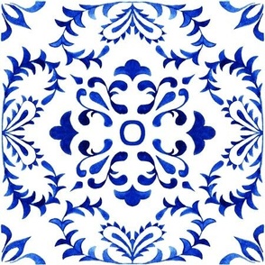 White and Blue Azulejo Damask