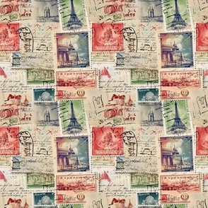 Vintage Stamps and Postcards - Tan/Red