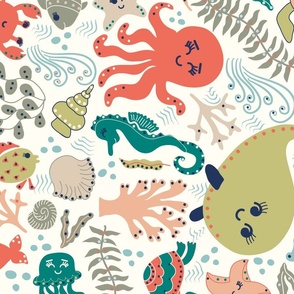 (Jumbo) Under the sea - ocean animals - coral, green, blue, ivory  - duvet cover for kids bedding set