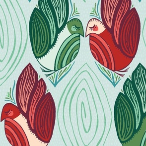 Carved Birds in Holiday Green and Red - XL