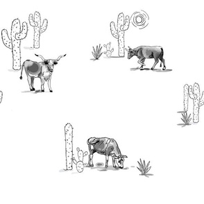 Cows and Cactus Wallpaper in Black and White small scale fabric