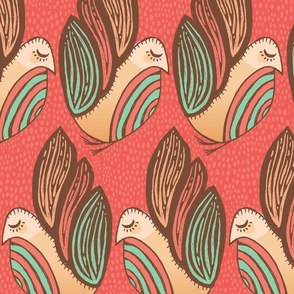 Carved Birds in Rows Retro Coral - XL