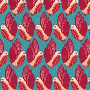 Carved Birds in Rows Red on Teal - Large