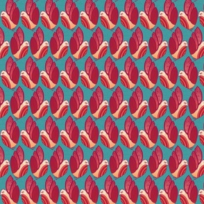 Carved Birds in Rows Red on Teal - Medium