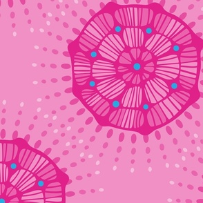 GLOW Abstract Bohemian Mandala with Starburst Dot Rays in Monochromatic Shades Tints Hot Barbie Pink Fuchsia Pastel Pink with Blue - LARGE Scale - UnBlink Studio by Jackie Tahara