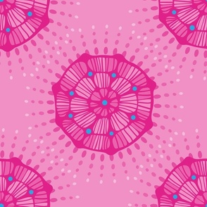 GLOW Abstract Bohemian Mandala with Starburst Dot Rays in Monochromatic Shades Tints Hot Barbie Pink Fuchsia Pastel Pink with Blue - MEDIUM Scale - UnBlink Studio by Jackie Tahara