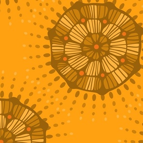 GLOW Abstract Bohemian Mandala with Starburst Dot Rays in Monochromatic Shades Tints Mustard Yellow Brown Ochre Copper with Orange - LARGE Scale - UnBlink Studio by Jackie Tahara