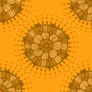 GLOW Abstract Bohemian Mandala with Starburst Dot Rays in Monochromatic Shades Tints Mustard Yellow Brown Ochre Copper with Orange - MEDIUM Scale - UnBlink Studio by Jackie Tahara