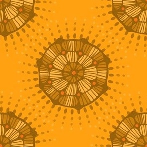 GLOW Abstract Bohemian Mandala with Starburst Dot Rays in Monochromatic Shades Tints Mustard Yellow Brown Ochre Copper with Orange - SMALL Scale - UnBlink Studio by Jackie Tahara