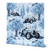 Dads Old Vintage Car,  Blue Country Toile de Jouy, Monochromatic Automobile Scene (Large Scale)