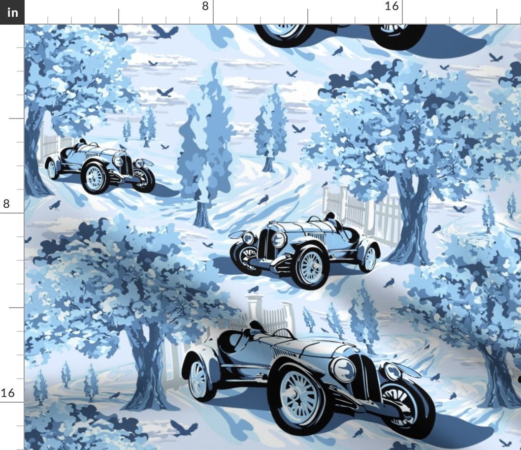 Dads Old Vintage Car,  Blue Country Toile de Jouy, Monochromatic Automobile Scene (Large Scale)