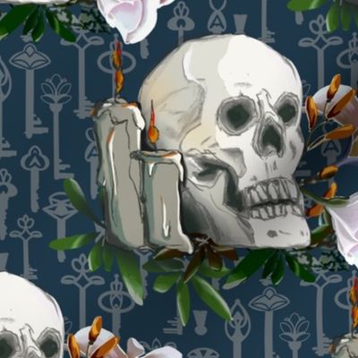 [Large] Skull Boho with Keys on dark Blue