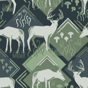 Cabincore Deer in Mushrooms and Ferns on Large Navy Blue and Forest Green Diamonds