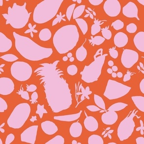 Tropical Fruit Tangle Silhouettes-Pink on Orange 12 x 12 mid scale