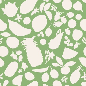 Tropical Fruit Tangle Silhouettes Cream on Green-Large scale