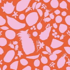 Tropical Fruit Tangle Silhouettes-Pink on Orange-Large scale