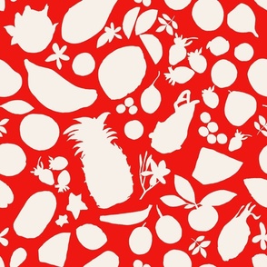 Tropical Fruit Tangle Silhouettes Cream on Red-Large scale