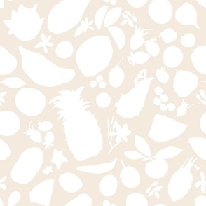 Tropical Fruit Tangle Silhouettes-White on Cream-Large scale