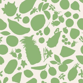 Tropical Fruit Tangle Silhouettes-Green on Cream-Large scale