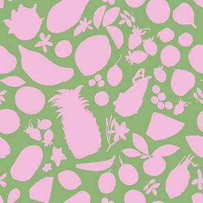 Tropical Fruit Tangle Silhouettes-Pink on Green-Large scale