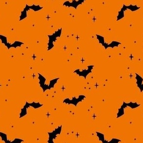 mini // Cute Hand Drawn Halloween Bats - jet black on bright orange // 4”