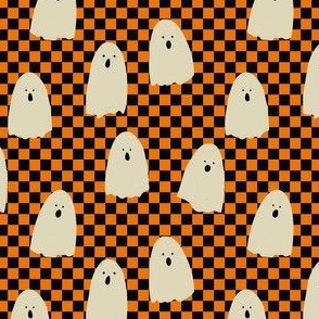 mini // Retro Halloween Ghosts Checks  - cream on bright orange and jet black // 4”