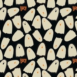mini // Cute Retro Halloween Ghosts Group - cream, bright orange and jet black // 4”