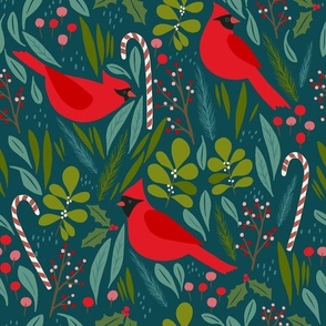 large // Red Bird Cardinal Holiday on Teal Blue Fabric //  12"