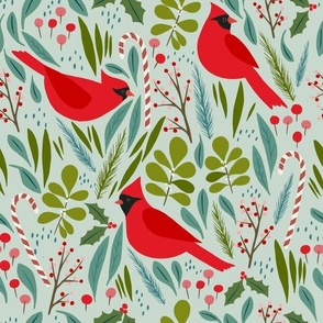 large // Red Bird Cardinal Holiday on Mint Green Fabric //  12" 
