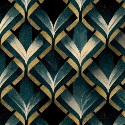 Small-scale art deco - green, beige and gold luxury pattern