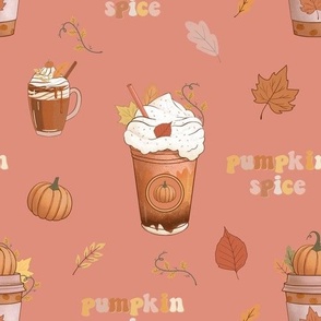  Autumn cups of coffee with pumpkin in retro style