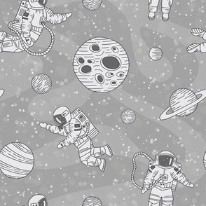 Astronauts in outer space light gray - cosmonauts exploring galaxies and planets - small scale 
