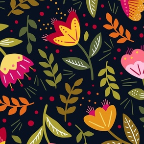 Modern scandi flowers on black background - folk floral pattern - large scale for bedding and curtains