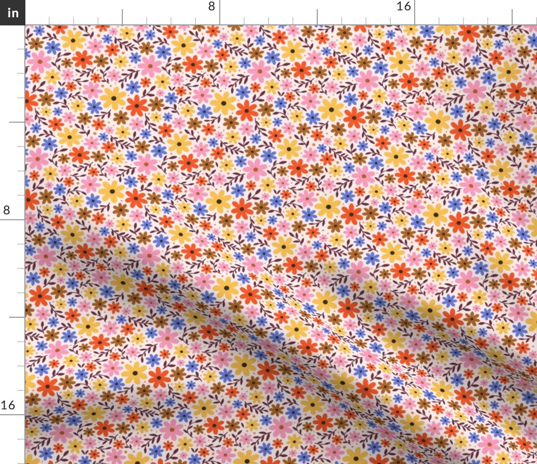 Retro 60s floral - daisy flowers in pink, orange, yellow and blue - small scale