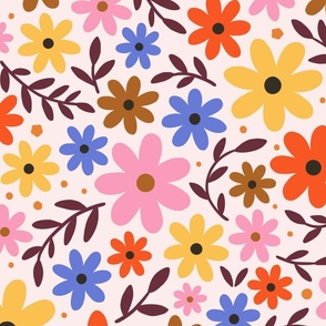 Retro 60s floral - daisy flowers in pink, orange, yellow and blue - large scale for bedding and curtains
