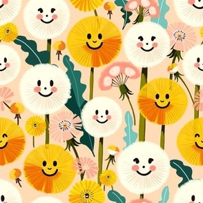 Funny dandelions with faces on pink background. 