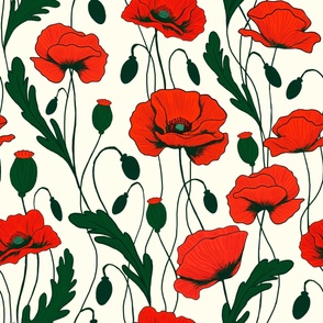 red retro poppies on a cream background
