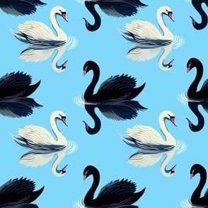 Black and white swans on a blue background.