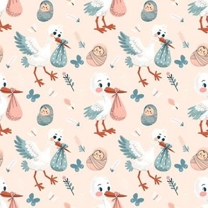 Children.  White storks and babies on pink background.