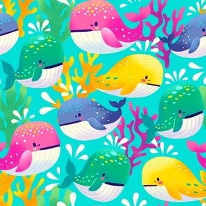 Yellow, pink, purple and green whale with coral on green background.